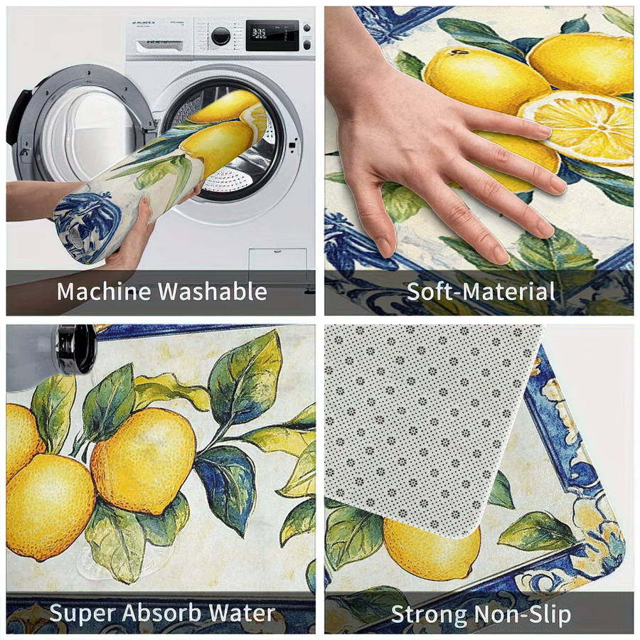 VIKAMA Küchenmatten-Set im mediterranen Zitronen-Design, gelb, rutschfest und saugfähig, rechteckig aus Polyester - Bild 3