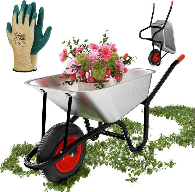 GARMIO Schubkarre mit 85 Litern Volumen und Luftreifen für Garten und Bau, verzinkte Wanne, Farbe Silber - Bild 1