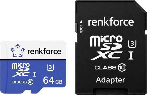 Renkforce microSDXC-Speicherkarte 64GB A1 Application Performance Class, v30 Video Speed Class mit SD-Adapter, Multicolour - Bild 1