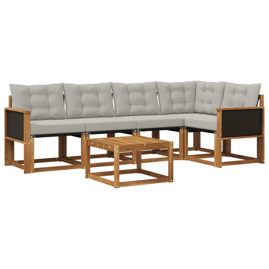 vidaXL Outdoor-Sofagarnitur in L-Form aus Akazienholz mit Textilene und 6 Kissen in Grau und Natur - Bild 2