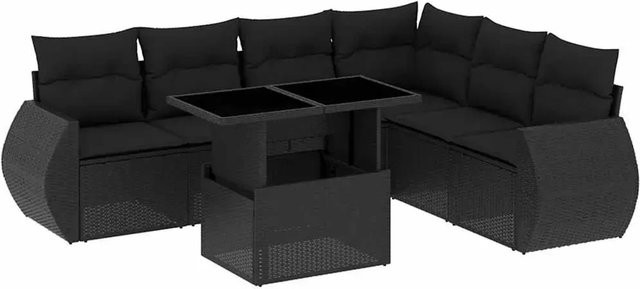 vidaXL 7-teilige Garten-Sofagarnitur in L-Form aus schwarzem Poly-Rattan mit Kissen und pulverbeschichtetem Stahlgestell - Bild 1