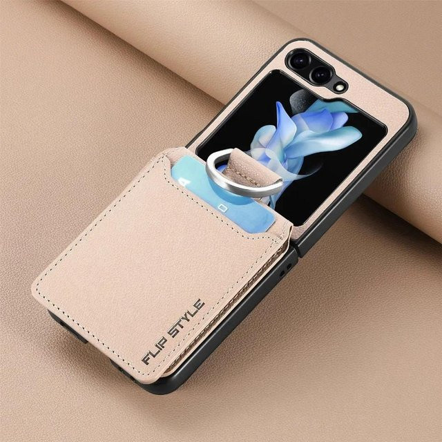 Samsung Galaxy Z Flip 6 5 4 3 2 5G Handyhülle aus PU-Leder mit Litschi-Muster, Ring und Kartenhalter, Farbe: Schwarz - Bild 1