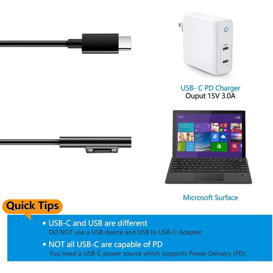 USB-C Schnellladeadapterkabel für Microsoft Surface Pro 8 7 3 4 5 6 Tablet mit 15 V 3 A PD Unterstützung - Bild 2