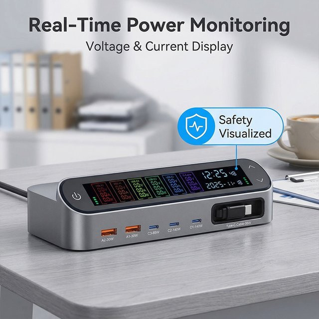 OEING Multi-Port Desktop-Ladestation mit LCD-Display und 140W Typ-C Schnellladegerät inklusive 65W skaliertem Ladekabel - Bild 1