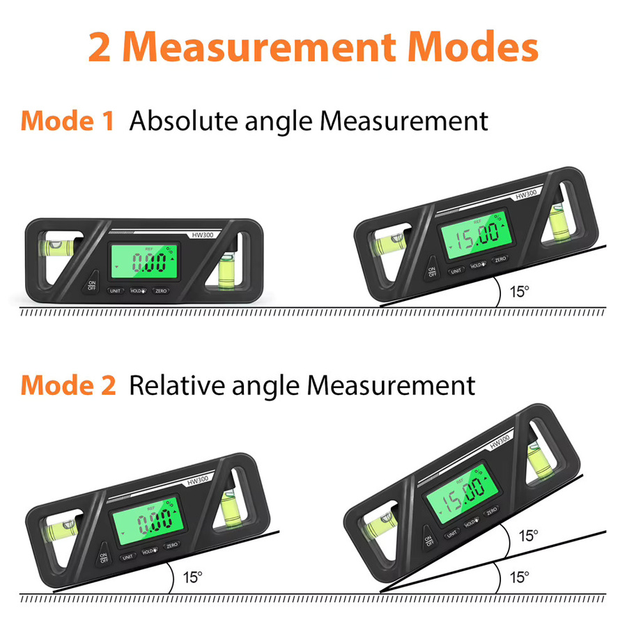 Voktta HW-300 Digitaler Neigungsmesser und Winkelmesser mit Wasserwaage, Magnet, LCD-Display und Datenspeicherung, Grün - Bild 4