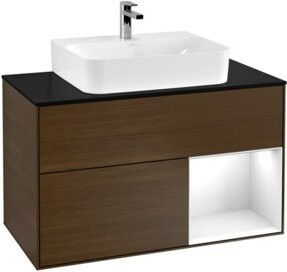 V&B Waschtischunterschrank Finion 100 in Weiß, wandmontiert mit LED-Beleuchtung, Schubladen und offenem Regal - Bild 1