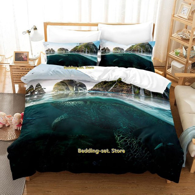 JMG Household Supplies Bettwäsche-Set New World Turtles Schildkröteninsel, 3-teiliges Cartoon Anime Design in Blau, Microfaser, B/H: 135 x 200 cm - Bild 1