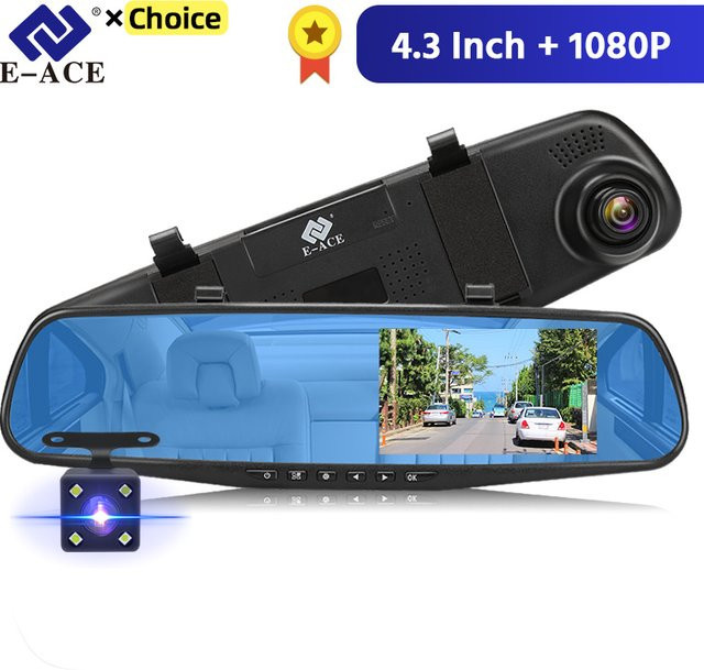 E-ACE Dashcam Rückspiegel mit 4,3 Zoll Display, FHD 1080P Full HD Kamera, optional mit Dual Objektiv, Schwarz - Bild 1