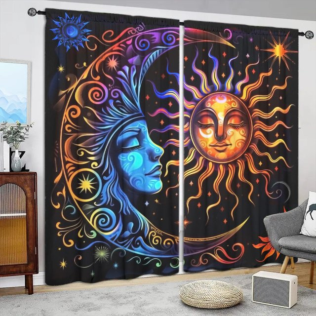 2er-Set Retro Vorhang mit Sonne und Mond Motiv, halbtransparent, mehrfarbig, B: 52,5 cm, H: 116 cm - Bild 1