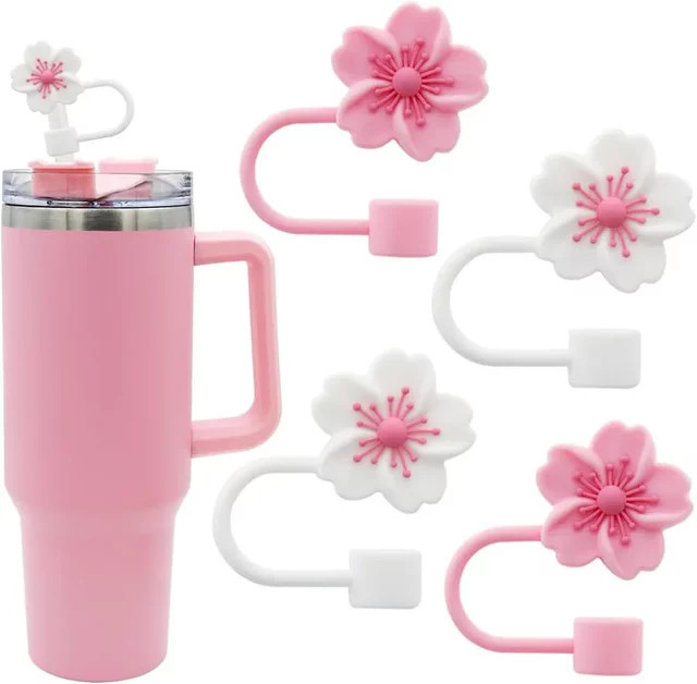 Kemorii Stroh-Abdeckkappen in Grün, 2/4 Stück Silikon-Strohhalm-Topper mit Blumen-Design für Stanley Cup Zubehör, 10 mm Durchmesser - Bild 1
