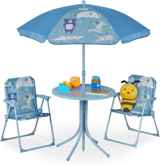 Relaxdays Kindersitzgruppe mit Schirm und Tiermotiv aus Eisen, Kunststoff und Polyester, B/T/H: 53 x 36 x 37,5 cm - Bild 1