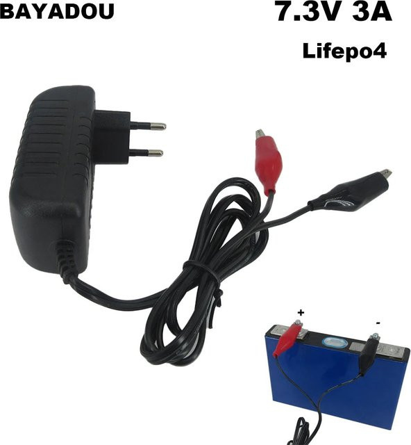 BAYADOU Smart-Ladegerät für 2S LiFePO4 Eisenphosphat-Batterien, 7,3V 3A, Schwarz, mit Krokodilklemmen und Barrel-Plug - Bild 1