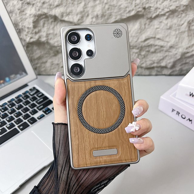 Luxuriöse Holz-Spleiß-Magnet-Handyhülle ohne Rahmen für Samsung S26 S25 S24 S23 Ultra Plus FE in Braun und Blau mit galvanisiertem Slim-Cover - Bild 1