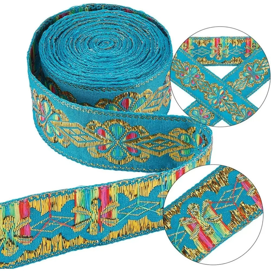 Türkises Jacquard-Spitzenband mit geometrischem Blumenmuster und metallischen Akzenten im Vintage-Stil, Breite: 3,7 cm, Länge: 7 Yards - Bild 4