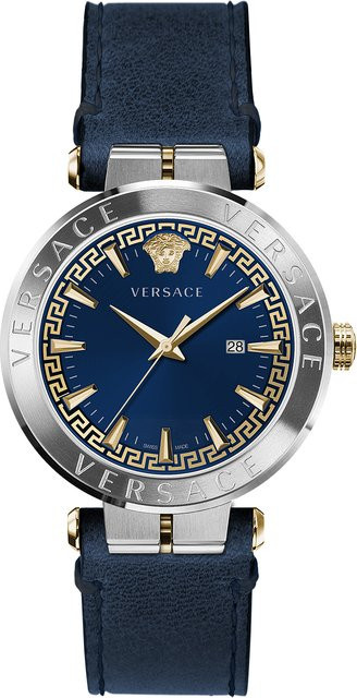 Versace Herrenuhr, Quarz, Edelstahl, Leder, Blau, 44 mm, 5 ATM - Bild 1