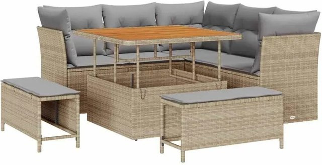 vidaXL 8-teiliges Garten-Sofa-Set aus Polyrattan und Akazie in Beige mit Kissen und Kaffeetisch - Bild 1