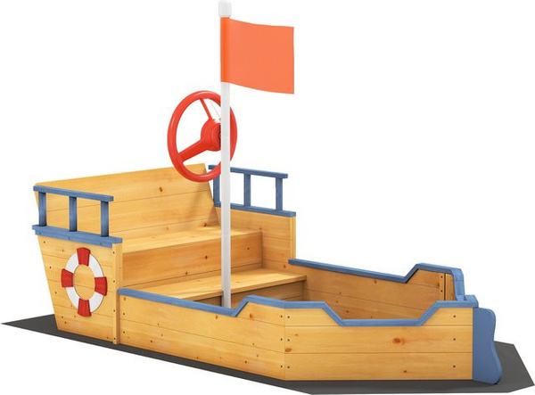 Aosom Sandkasten Schiff aus Tannenholz, Piraten, Natur, ab 3 Jahre