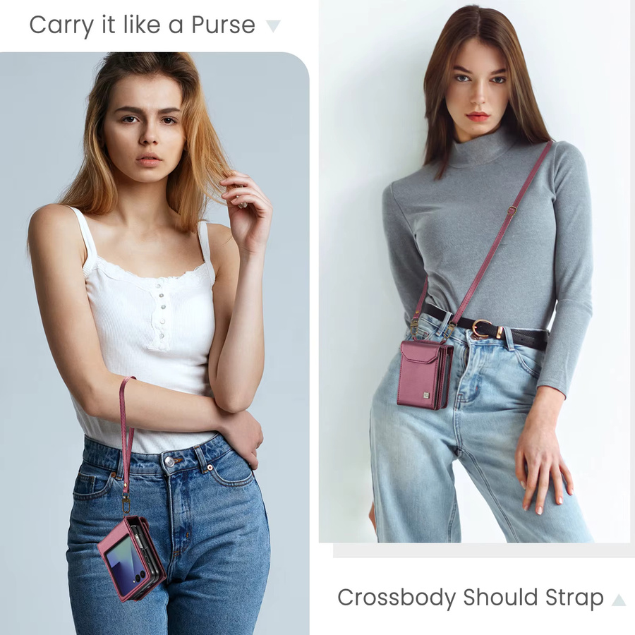 Premium Leder Crossbody Schutzhülle mit Kartenfächern und Lanyard für Samsung Galaxy Z Flip7, Flip6, Flip5 und Flip7FE in Pink - Bild 6