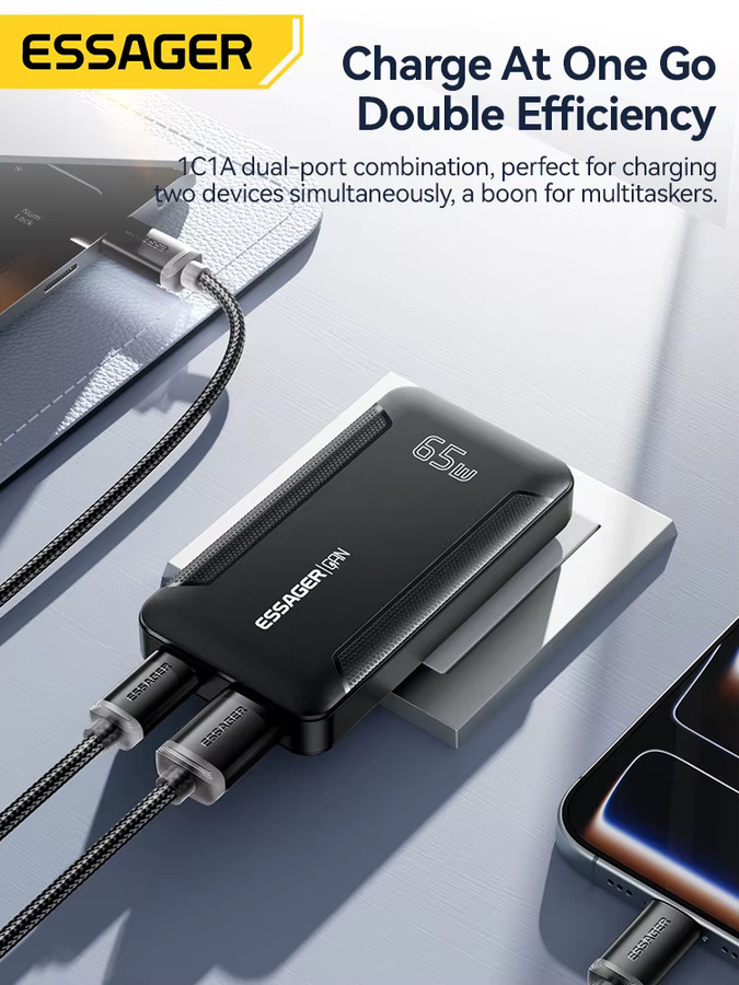 Essager Slim 65 W GaN Reiseladegerät mit USB-A und USB-C, tragbares Schnellladegerät für iPhone, Samsung und MacBook, erhältlich in Schwarz oder Grau - Bild 4