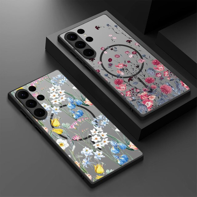 MOESOE Magnetische Retro Blumen Handyhülle für Samsung Galaxy S25 S24 S23 S22 Ultra S21 S20 FE, Transparent, Matte Hard PC Cover mit MagSafe Kompatibilität - Bild 1