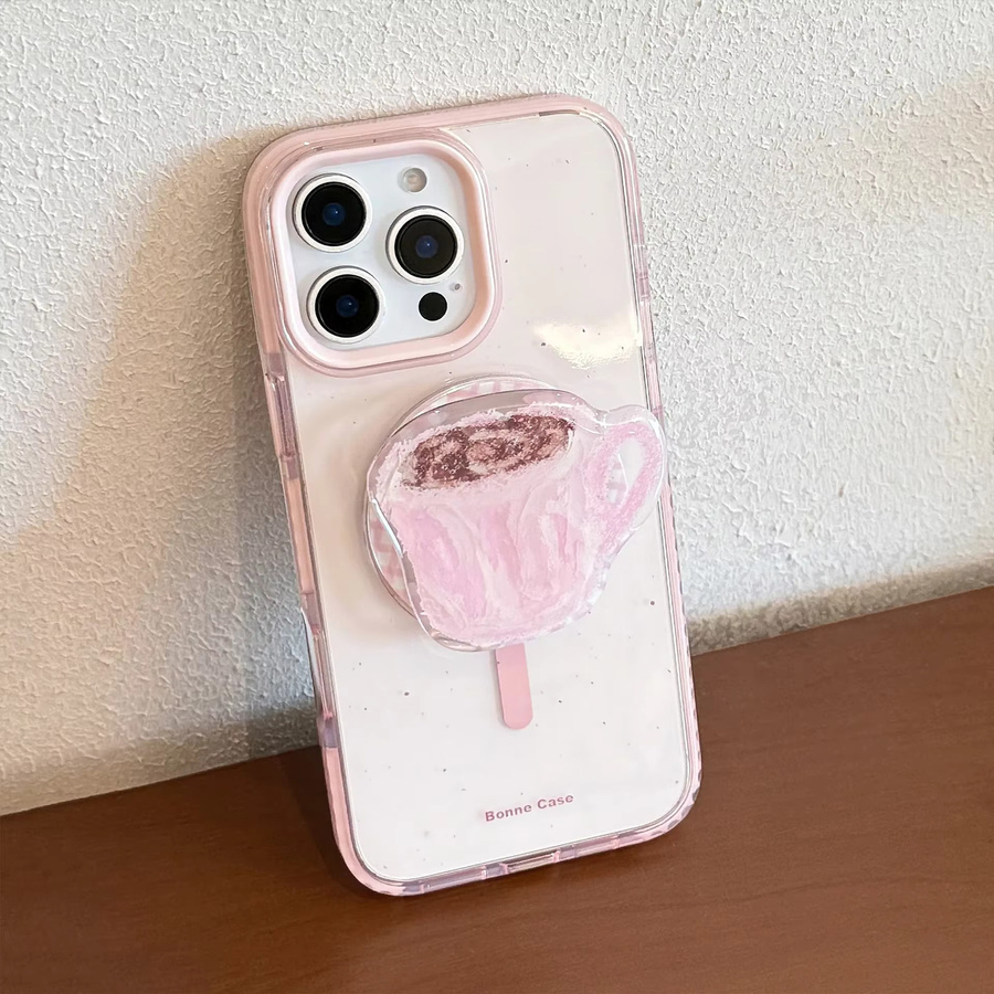 MUQGEW Handyhülle mit magnetischer Halterung für iPhone 12 bis iPhone 17 Pro Max, rosa Kaffeetassen-Design mit Spritztinte-Optik, stoßfeste Schutzhülle - Bild 2