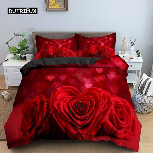 Binchi Outdoor Product Bettwäscheset aus Mikrofaser mit Rosen- und Herzmotiv in Rot, 3-teilig, B/H: 140 x 200 cm - Bild 1