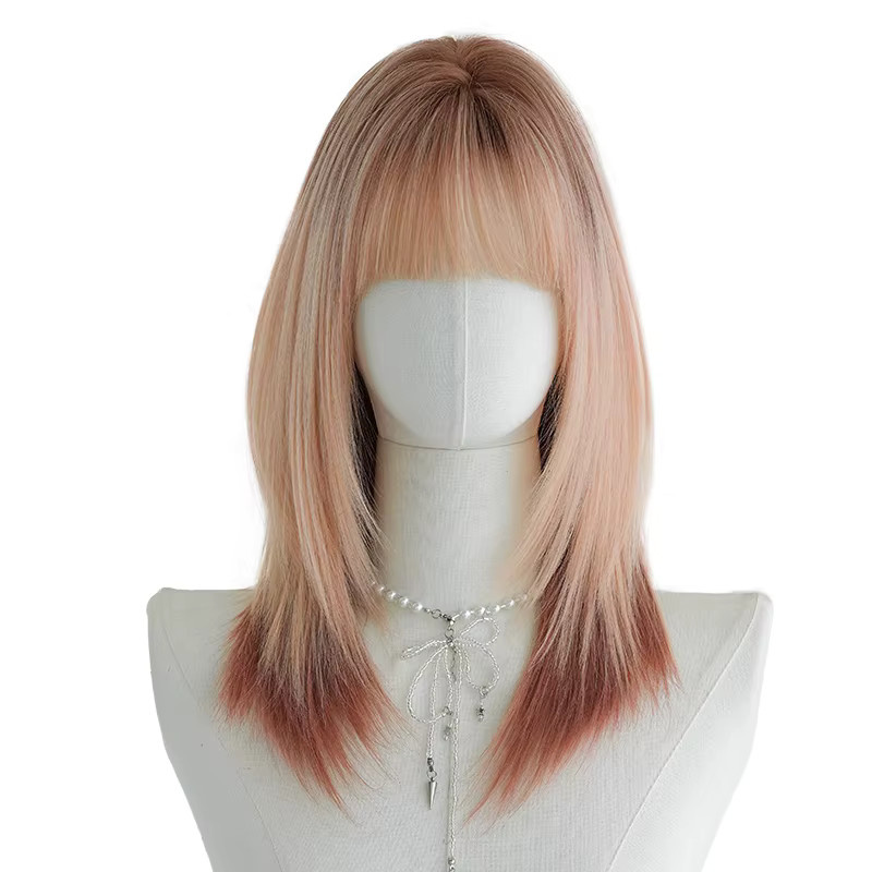 7JHH WIGS Perücke Damen, schulterlang, gerade, rosafarbene Ombre-Kupfer, synthetisch, geschichtet, dunkle Ansätze - Bild 4