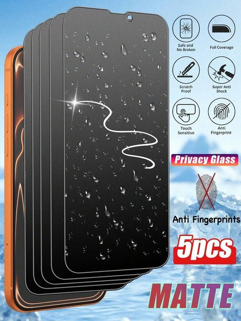 5 Stück matte Anti-Spy Displayschutzfolie aus gehärtetem Glas für iPhone 17, 17 Air, 17 Pro, 17 Pro Max, 16, 16 Pro, 16 Pro Max und 15 in Schwarz und Transparent - Bild 1