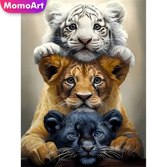 Momoart DIY Diamantmalerei mit Rundmosaik Tiger und Löwe als Kreuzstich Stickerei für deine Wanddekoration in Mehrfarbig - Bild 1