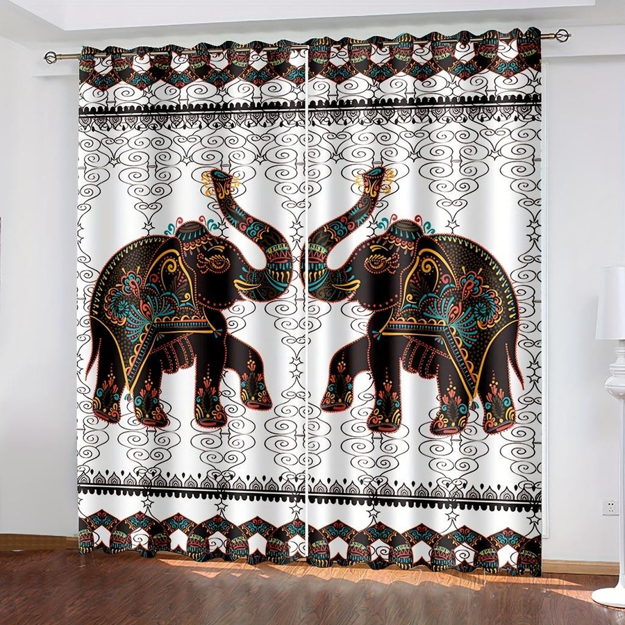 2er-Set Boho Vorhänge mit Mandala Tier Elefanten Druckmuster, halbtransparent, Multicolour, Breite: 150 cm, Höhe: 166 cm - Bild 2