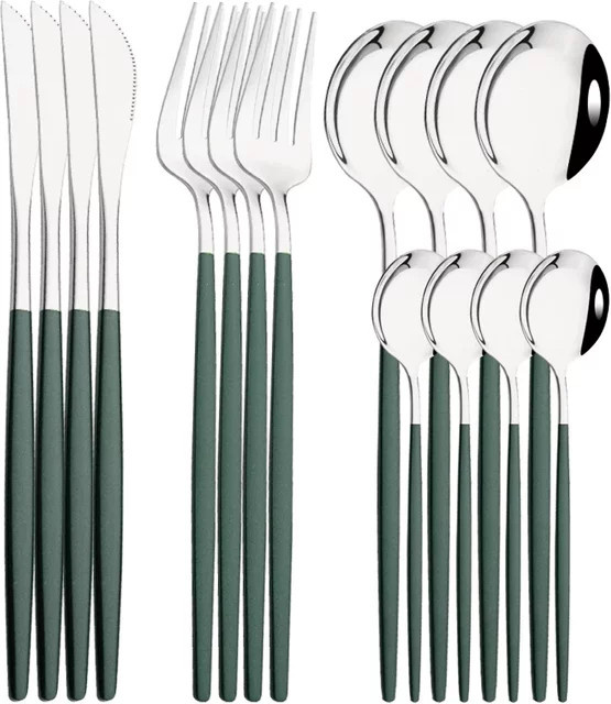 PINKTEN Besteckset aus Edelstahl in Grün und Silber, 16-teiliges Set mit Messern, Gabeln, Löffeln und Kaffeelöffeln - Bild 1