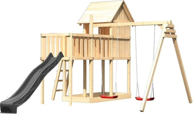 Karibu Spielhaus Frieda aus Massivholz mit Rutsche, Schaukel und Plattform in Natur-Anthrazit - Bild 1