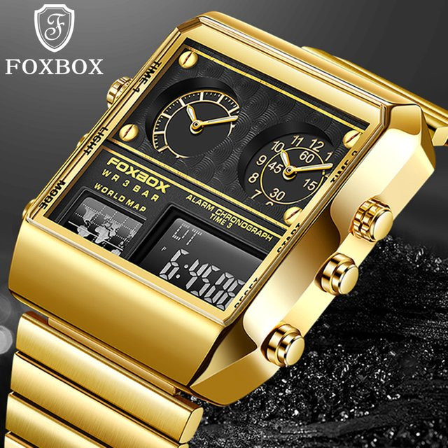 FOXBOX Chronograph Herrenuhr, Edelstahl, Gold, Quarz, Eckig - Bild 1