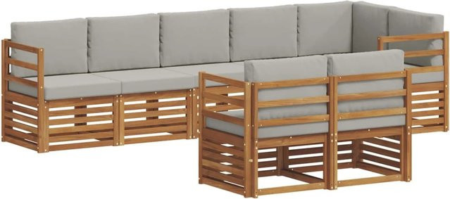 vidaXL Sofagarnitur 8-teilig aus Massivholz Akazie in Natur und Hellgrau, L-Form mit Polsterung und Kissen - Bild 1