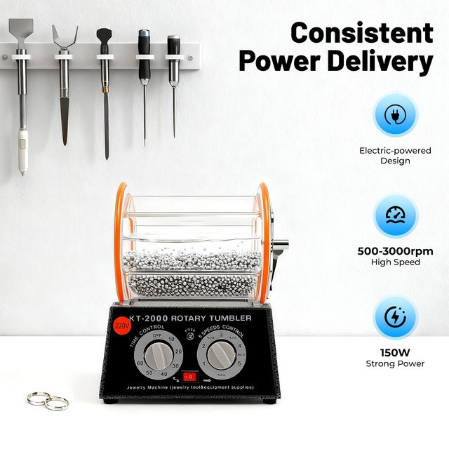 CNCEST Poliermaschine mit 150W Leistung, Vorwärts- und Rückwärtsfunktion, 5 Geschwindigkeitsstufen, 500-3000 U/min, Timer 0-60 Min, transparenter Behälter, Schwarz/Transparent - Bild 1