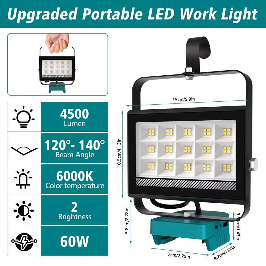 T-SUNRISE Tragbares 60-W LED-Arbeitslicht in Schwarz mit 6000 Lumen, verstellbarer Basis und Haken, wiederaufladbares LED-Flutlicht für Makita 18V-20V Li-Ionen-Akkus - Bild 2