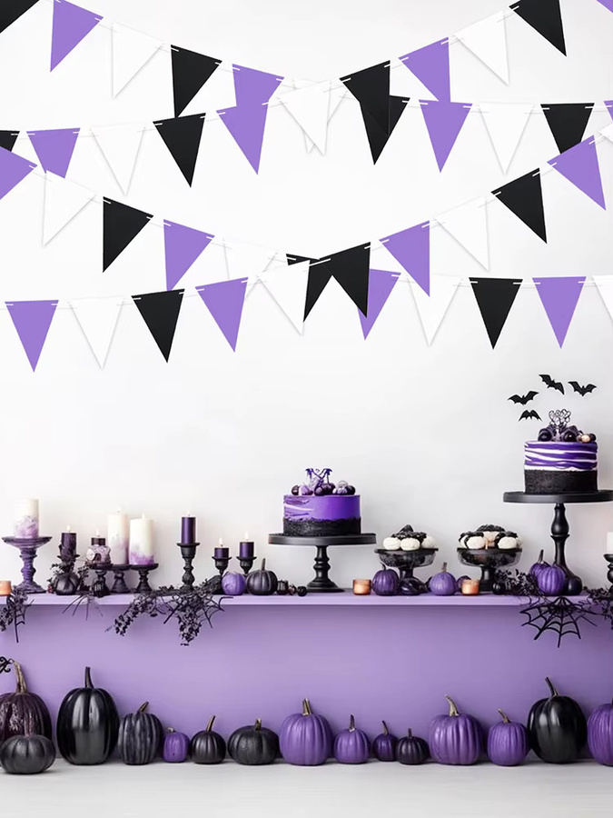 VRISE Wimpelbanner mit geometrischem Dreiecksmuster in Lila, Schwarz und Weiß für Halloween, Geburtstag und Hochzeiten - Bild 2