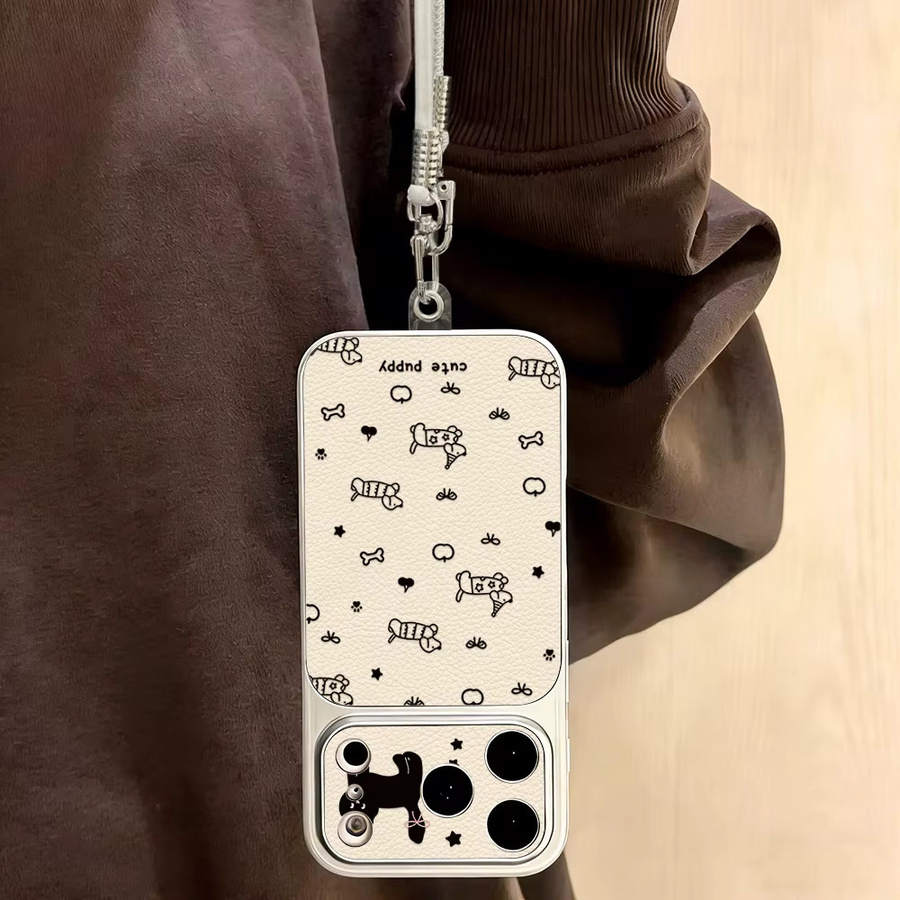 AKABEILA Handyhülle mit Ledertextur und Cartoon-Welpen-Design für iPhone, Silikonhülle mit Trageschlaufe, Farbe: Weiß - Bild 5