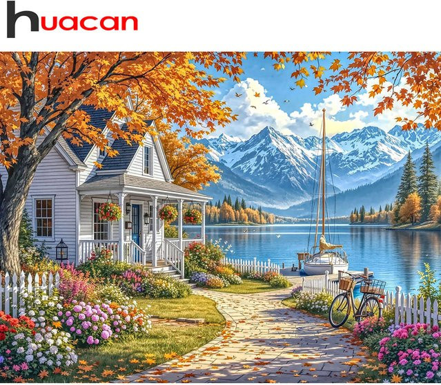 Huacan Diamant-Mosaik Wandbild Landschaft mit Landhaus in Herbstfarben, quadratisch, mehrfarbig, B/H: 30,0 x 20,0 cm - Bild 1
