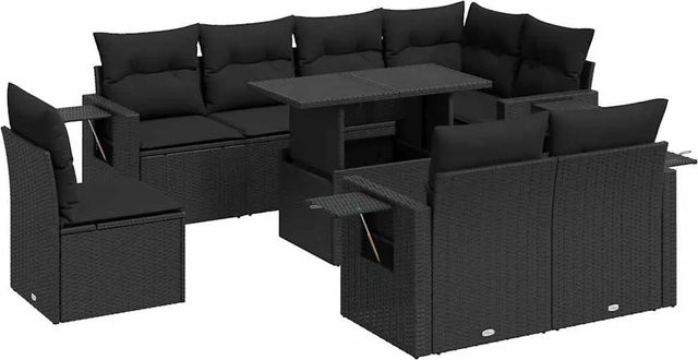 vidaXL 9-tlg. Garten-Sofagarnitur in L-Form aus schwarzem Poly-Rattan mit UV-beständigen Kissen und pulverbeschichtetem Stahlgestell - Bild 1
