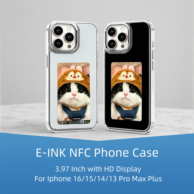 NFC Handyhülle für Apple iPhone 16 15 14 13 Pro Max Plus mit 3,97 Zoll hochauflösendem DIY 4-Farben E-Ink Display in Transparent/Weiß/Multicolour - Bild 1