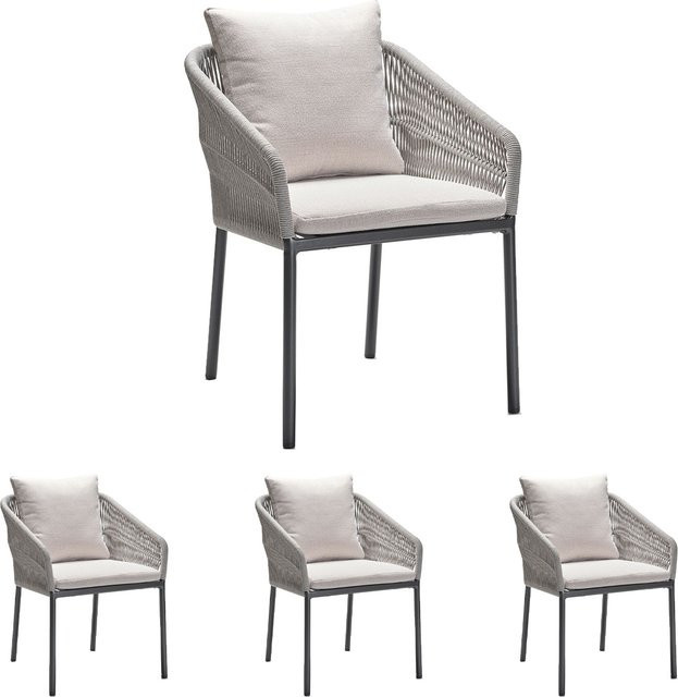 4x Stern Stapelsessel Jella Aluminium Anthrazit Matt Kordel Stone mit Kissenset 100% Polyacryl Vanilla - Bild 1