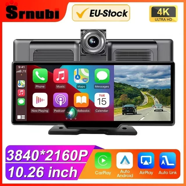 Srnubi 4K Dash Cam mit Carplay und Android Auto, Dual Len Recorder mit Navigation, WIFI und Bluetooth, Schwarz - Bild 1