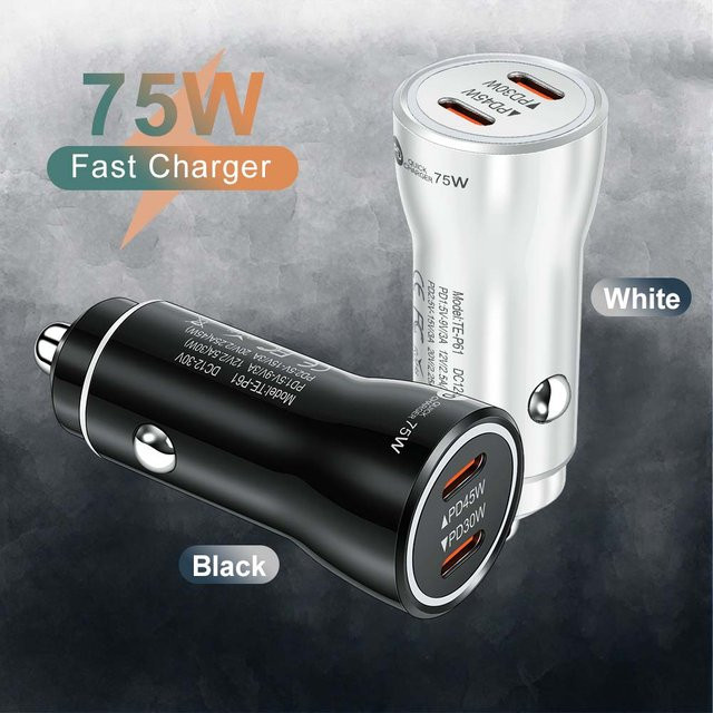 75W USB C Autoladegerät mit Dual Ports Typ C Schnellladeadapter in Schwarz für iPhone, Xiaomi und Samsung - Bild 1