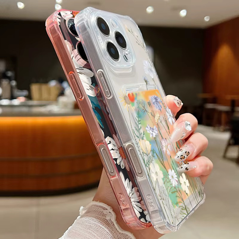 MOESOE Schutzhülle mit Kartensteckplatz für iPhone 16 Pro 16e 15 14 13 Pro Max 12 11 mit Blumenmuster, stoßfeste transparente TPU-Silikon Handyhülle - Bild 3