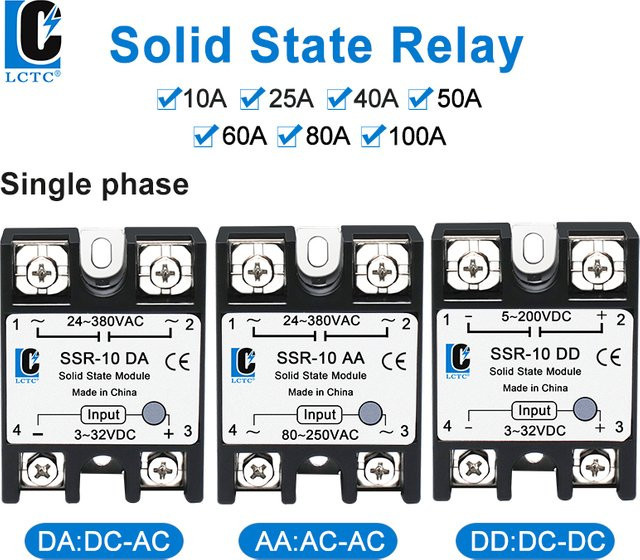 LCTC 10 Stück Halbleiterrelais Set für DC zu AC, AC zu AC und DC zu DC Anwendungen, einphasige SSR mit 10A bis 100A - Bild 1