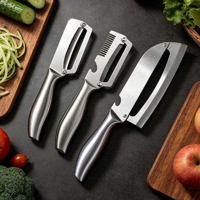 IKKNIFE Edelstahl Küchenschäler in Silber mit rutschfestem Griff als Mehrzweck-Gemüseschäler für Kartoffeln, Kürbis und Zwiebeln - Bild 1