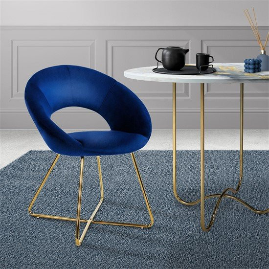 ML-Design Esszimmerstuhl aus blauem Samt mit runder Rückenlehne und goldenen Metallbeinen - Bild 1