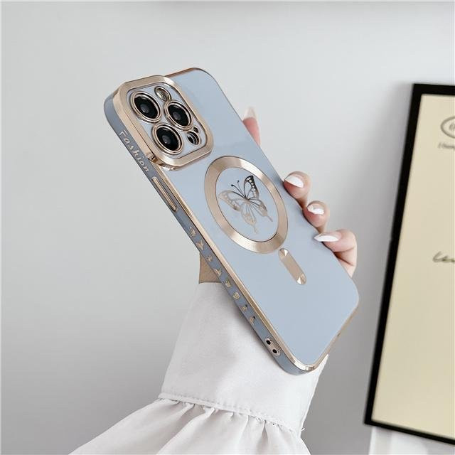 Yiran Luxus Magsafe Magnetische Schmetterling Handyhülle für iPhone 16 Pro Max, 15, 14, 13, 12, 11 Plus in Grau - Bild 1