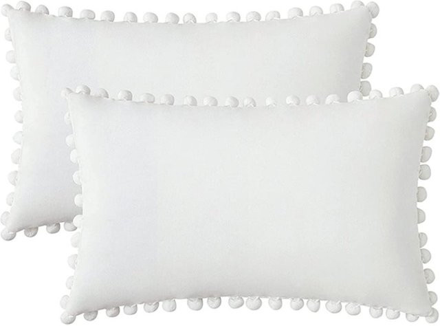 Inyahome Samt-Kissenbezug mit Pompons im nordischen Design, Weiß und Lila, ultraweich für Sofa und Couch - Bild 1